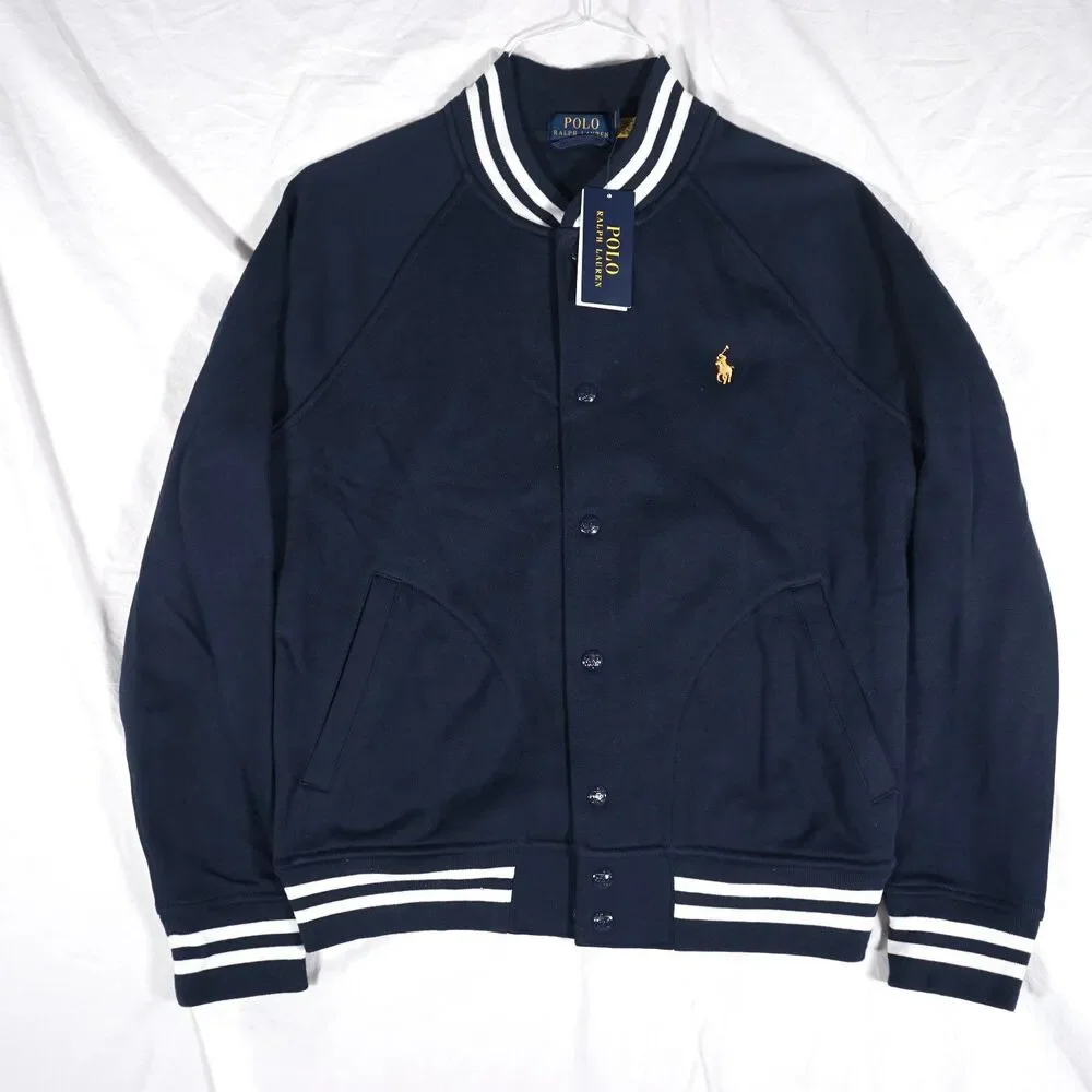 Polo Ralph Lauren Varsity Baseball Jacket Snap Button Navy Blue White Mens Small